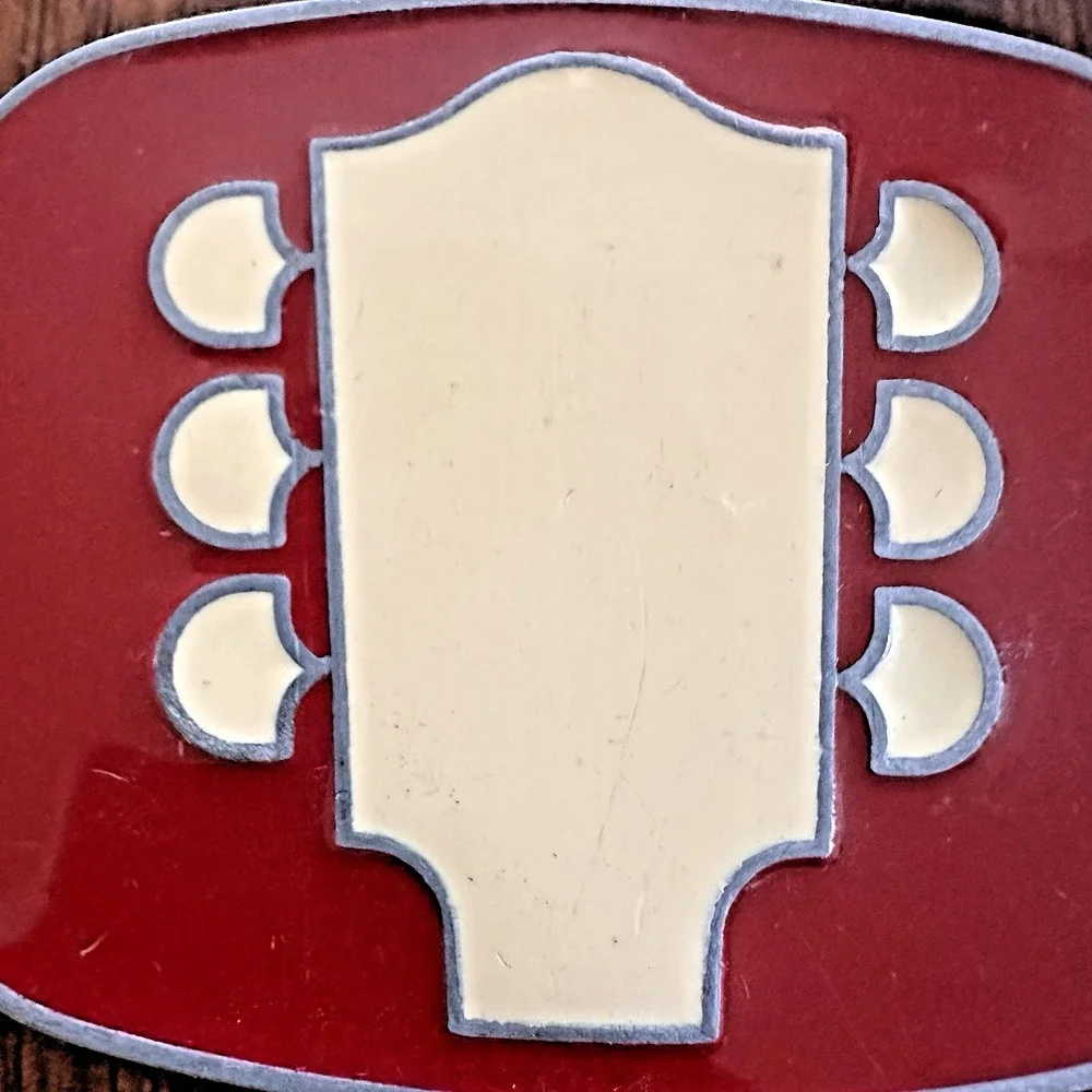 Guitar Headstock Belt Buckle‎ Red Enamel Silver Tone Metal 3